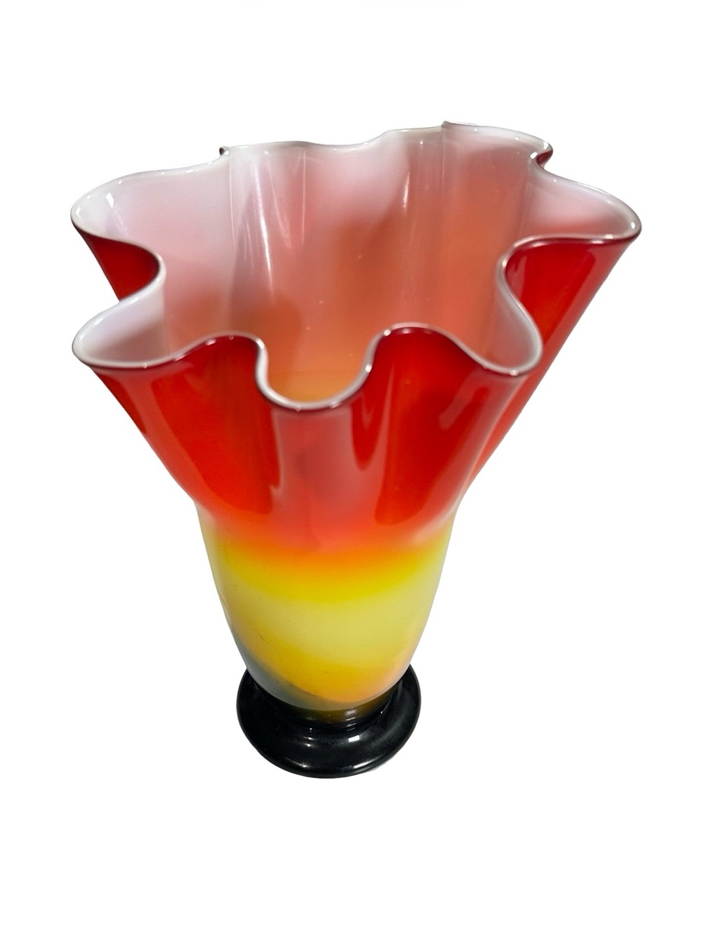 Vtg Japanese Art Glass Vase Hand Blown Rainbow Ruffled Black Foot MCM 12.5” MCM